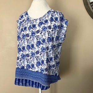 Pink Rose Vintage Blue & White Floral Top, Size: L